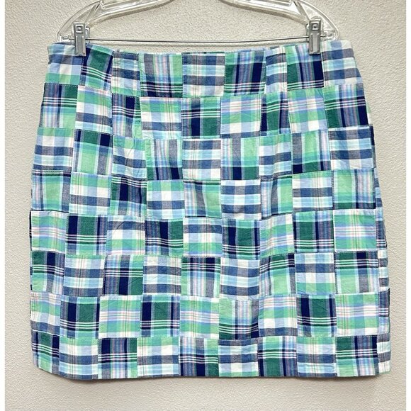 Talbots Madras Plaid Patchwork Mini Skirt Size 16P Petite Preppy Blue Golf NWT - Picture 2 of 8